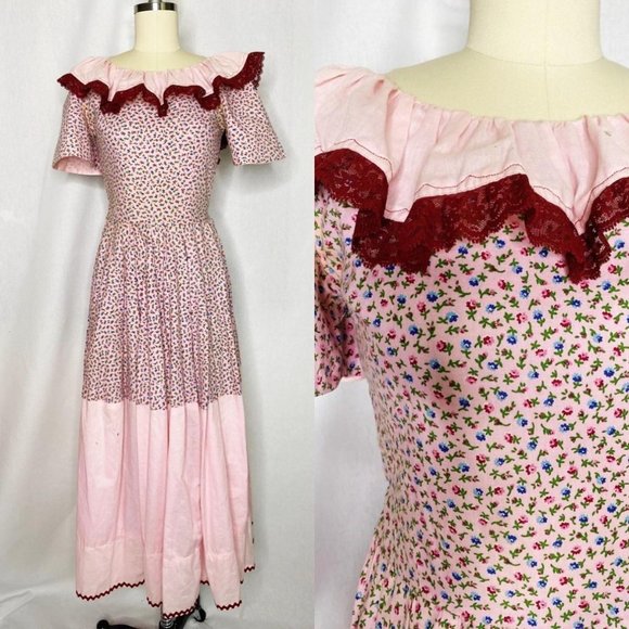 Vintage Dresses & Skirts - Vintage 90s Calico Floral Prairie Maxi Dress Size S Small Pink Costume Theater